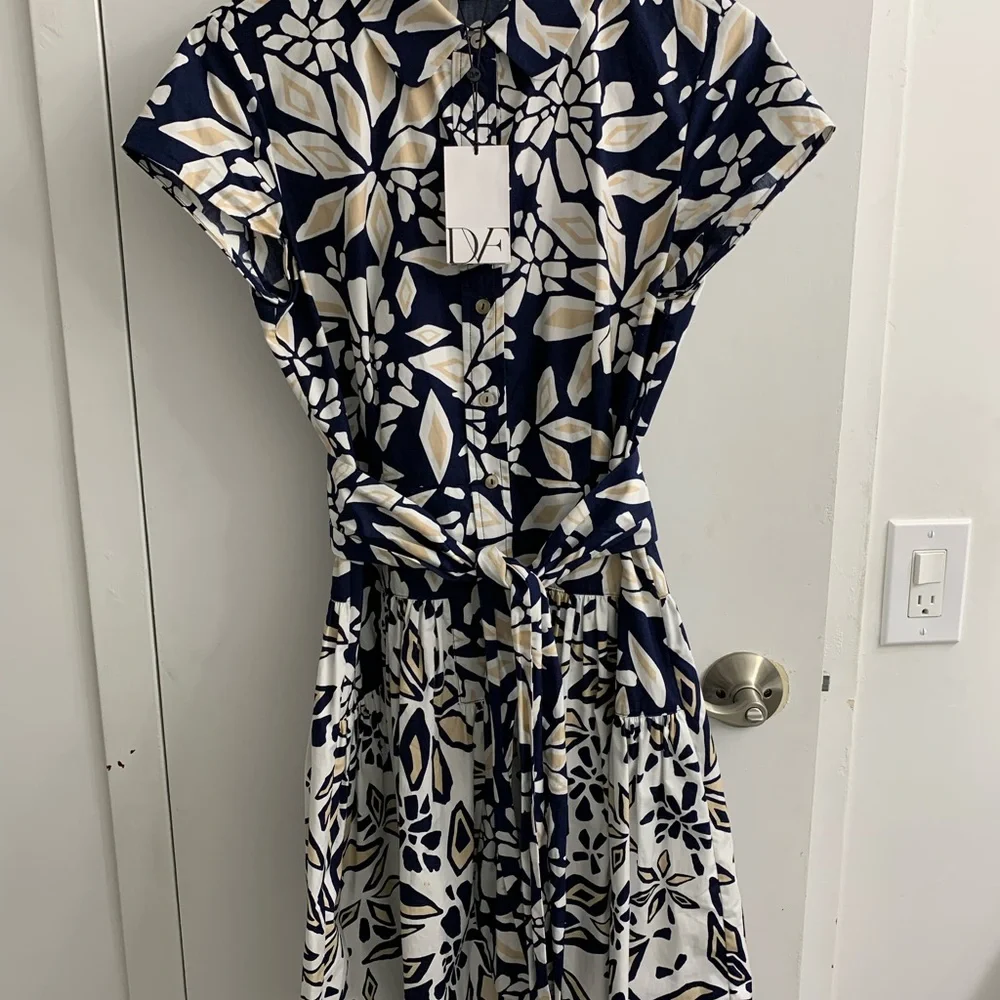 NWT Diane Von Furstenberg Navy Blue Printed Cotton Belted Scarlet - Picture 6 of 8